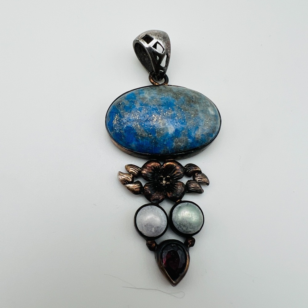Artisan Pendant Necklace Statement Large Blue Stone Mixed Metal Floral 925 Bail